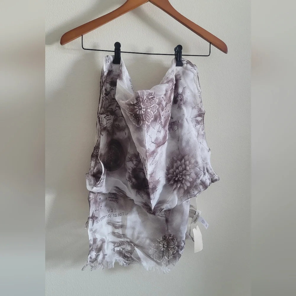 Coldwater Creek Neutral Silk Bld Mediterranean Short Fringed Scarf, Cream & Sand